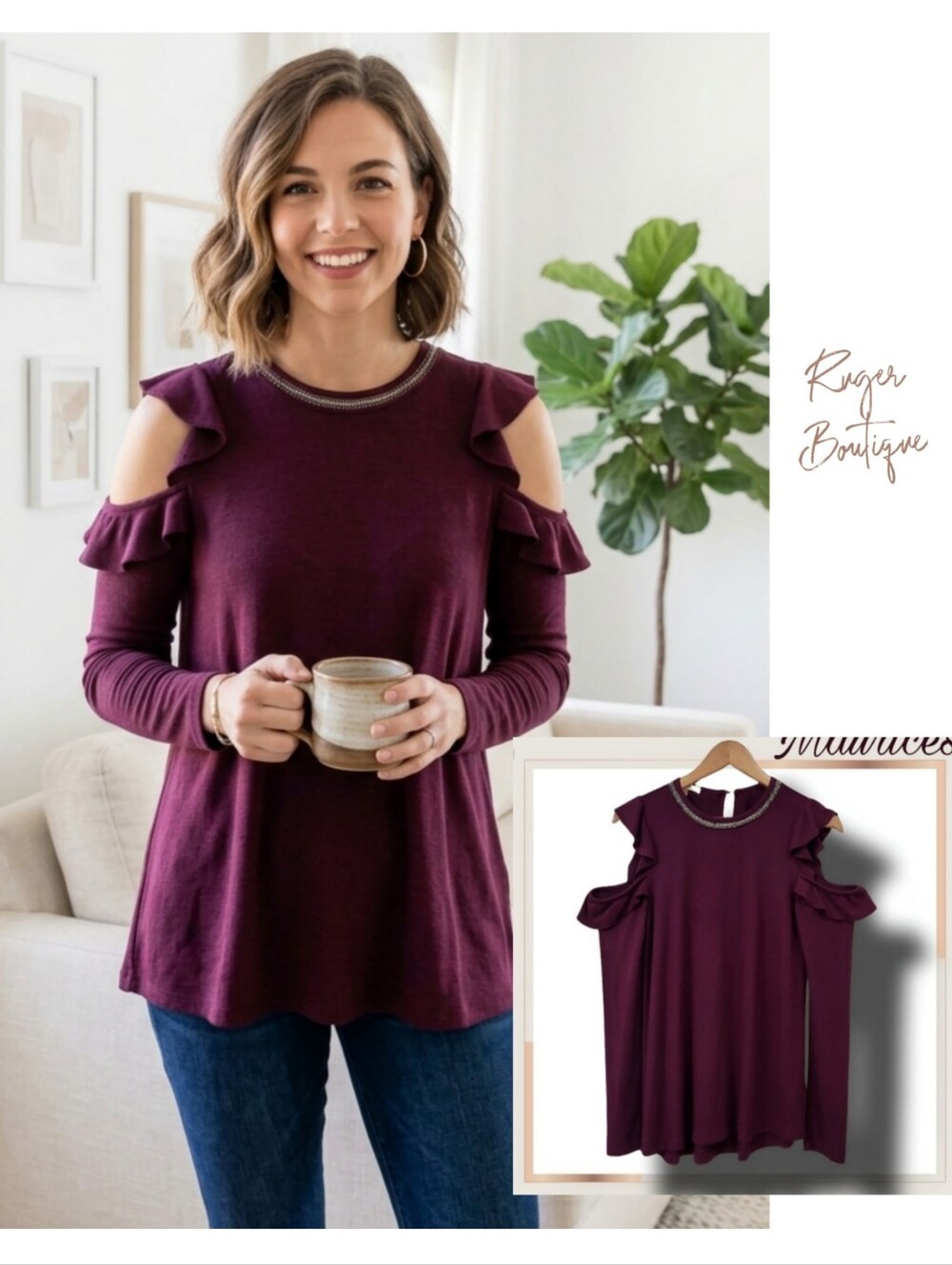 🌿Maurices Women's XS Maroon Cold Shoulder Drop Sleeve Jeweled Neck Sweater